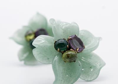 Vtg BOUNKIT Natural Green Jade Amethyst Citrine Floral Motif Clip On Earrings - Thumbnail 7