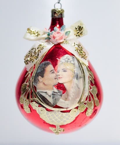 Antique Mercury Glass & Paper Newly Weds Motif European Red Christmas Ornament - Thumbnail 4