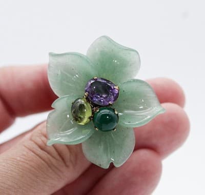 Vtg BOUNKIT Natural Green Jade Amethyst Citrine Floral Motif Clip On Earrings - Thumbnail 6