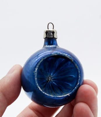 Vtg POLAND Full Blue Mica Indent Reflector Ball Glass Christmas Ornament - Thumbnail 2