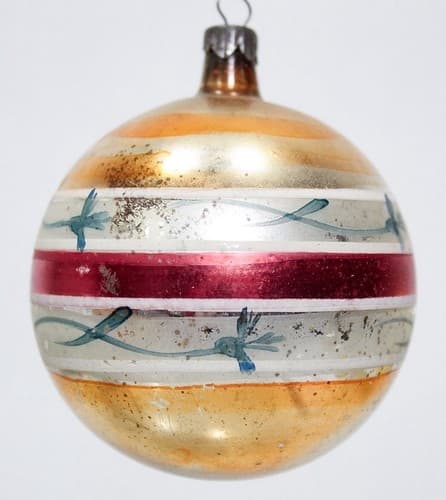 Vintage Poland Red & White Striped Green Floral Gold Glass Christmas Ornament - Thumbnail 3