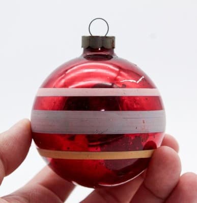 SHINY BRITE Red White Lavender Yellow Stripe Glass Christmas Ornament - Thumbnail 2