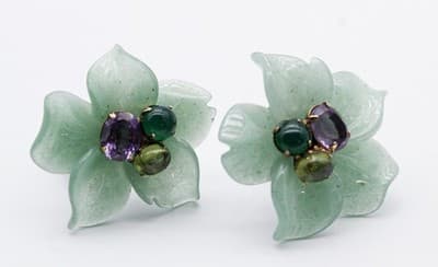 Vtg BOUNKIT Natural Green Jade Amethyst Citrine Floral Motif Clip On Earrings - Thumbnail 5
