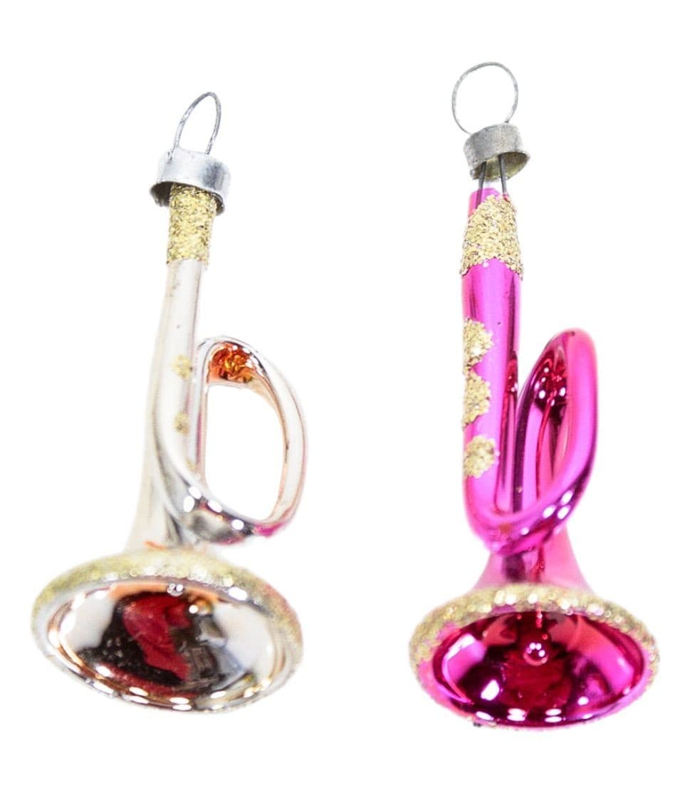 2 Vintage Blown Glass Pink & Silver Gold Mica Trumpet Christmas Ornaments - Image 1