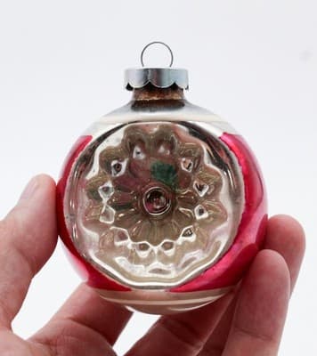 Shiny Brite Indent Reflector Pink Silvered Striped Glass Christmas Ornament - Thumbnail 2