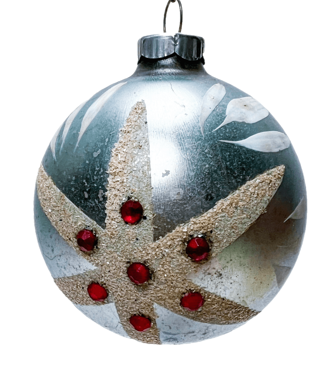 Vintage West Germany Blown Glass Blue Round With Red Rhinestones Star Ornament - Image 1