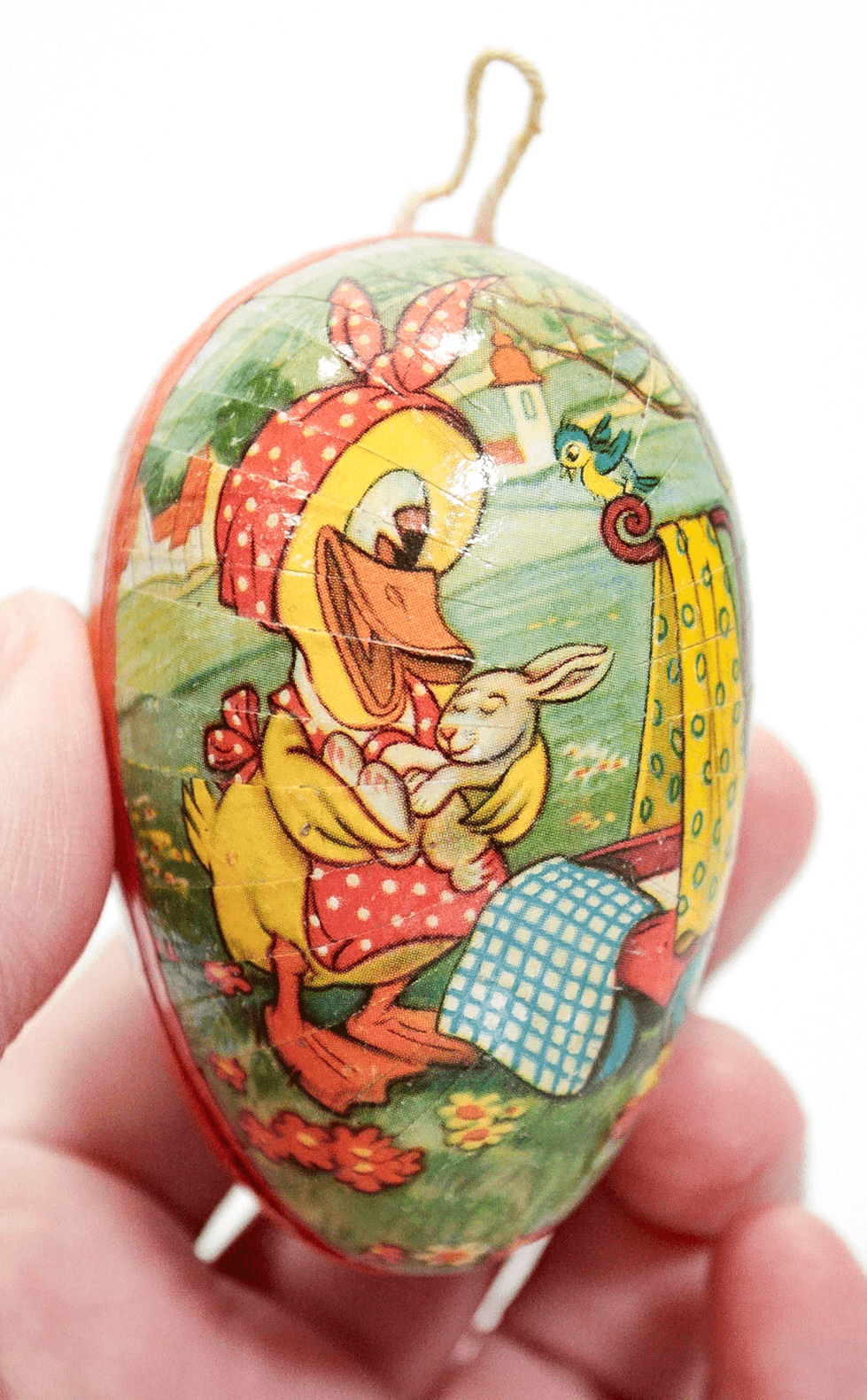 Vintage GERMANY Paper Mache Cardboard Duck w/ Rabbit Easter Egg Candy Container - Thumbnail 4