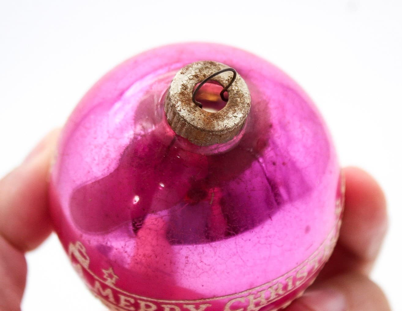 Vintage Shiny Brite Pink Mercury Glass Merry Christmas Stencil Ball Ornament - Thumbnail 4