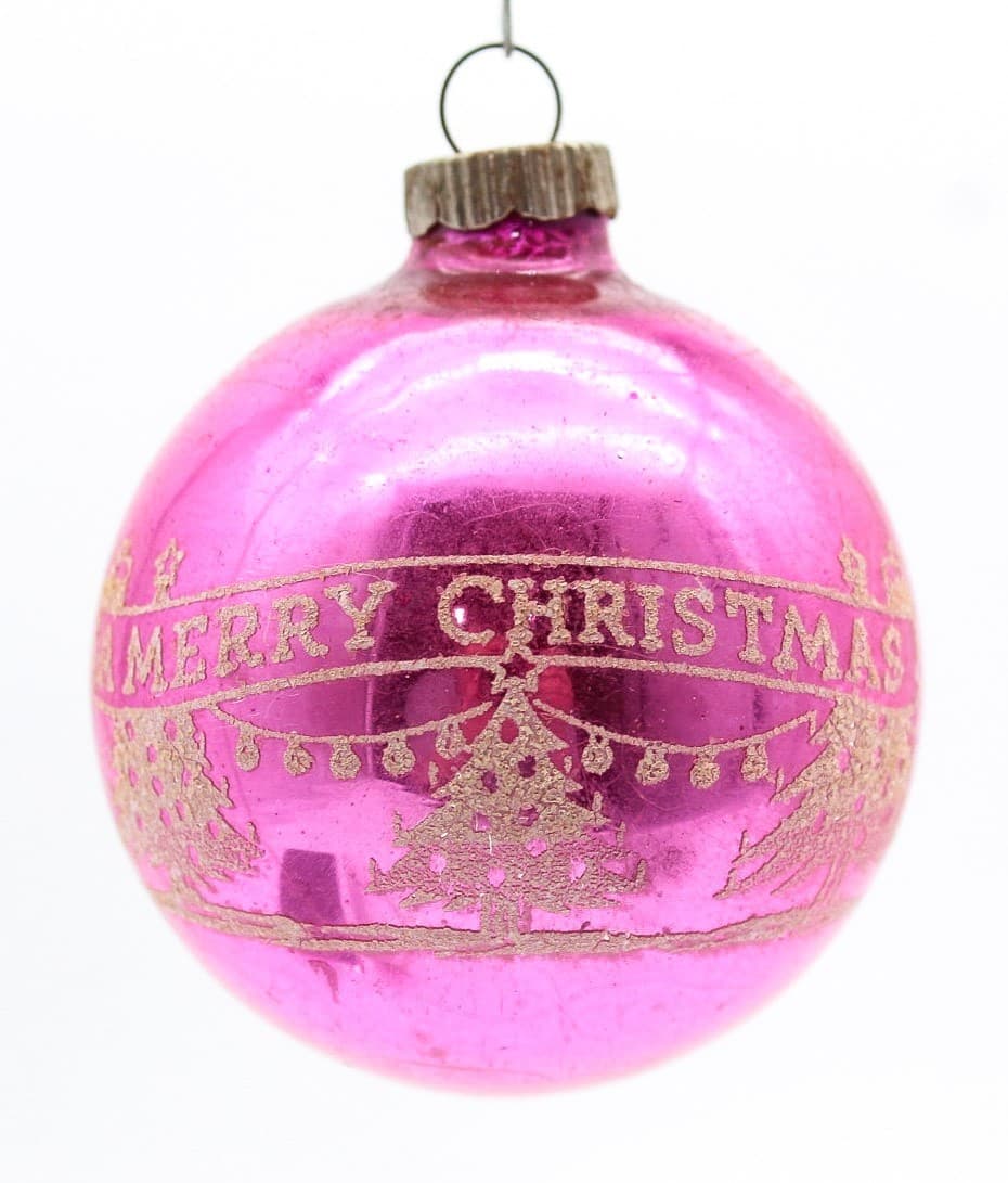 Vintage Shiny Brite Pink Mercury Glass Merry Christmas Stencil Ball Ornament - Thumbnail 7