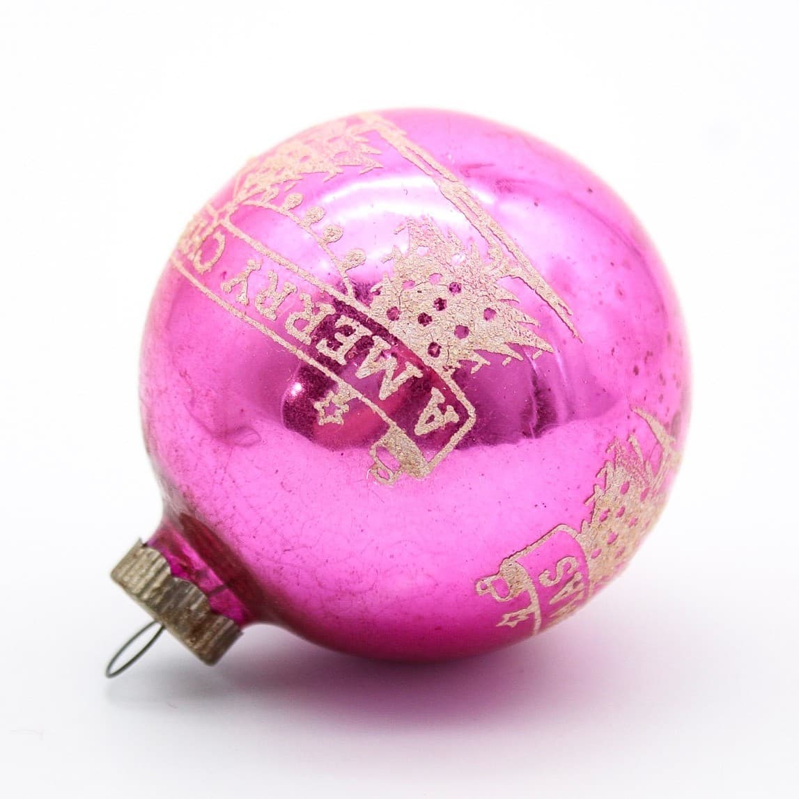Vintage Shiny Brite Pink Mercury Glass Merry Christmas Stencil Ball Ornament - Thumbnail 6