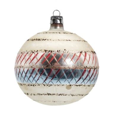 Vintage Poland Hand Painted Striped Mica Round Glass Christmas Ornament - Image 1