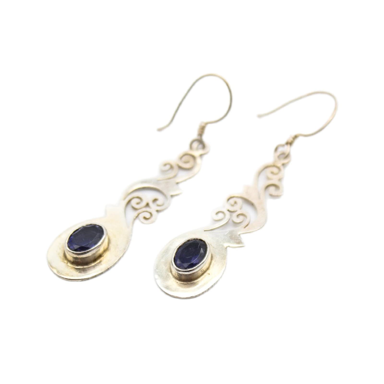 Vintage Boho 925 Sterling Silver Iolite Oval Gemstone Filigree Drop Earrings - Image 1