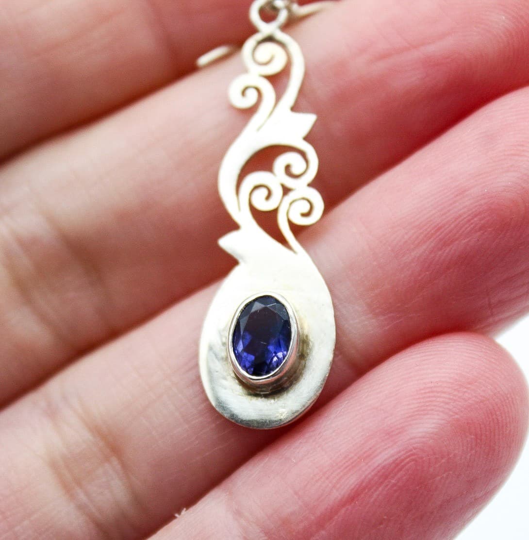 Vintage Boho 925 Sterling Silver Iolite Oval Gemstone Filigree Drop Earrings - Thumbnail 6