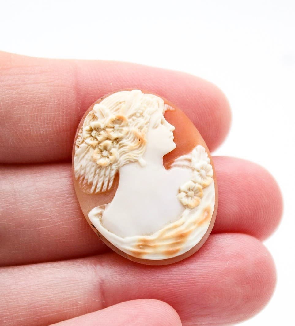 Italy Fine Art Nouveau Hand Carved Shell Woman Floral Cameo Unmounted Portrait - Thumbnail 3