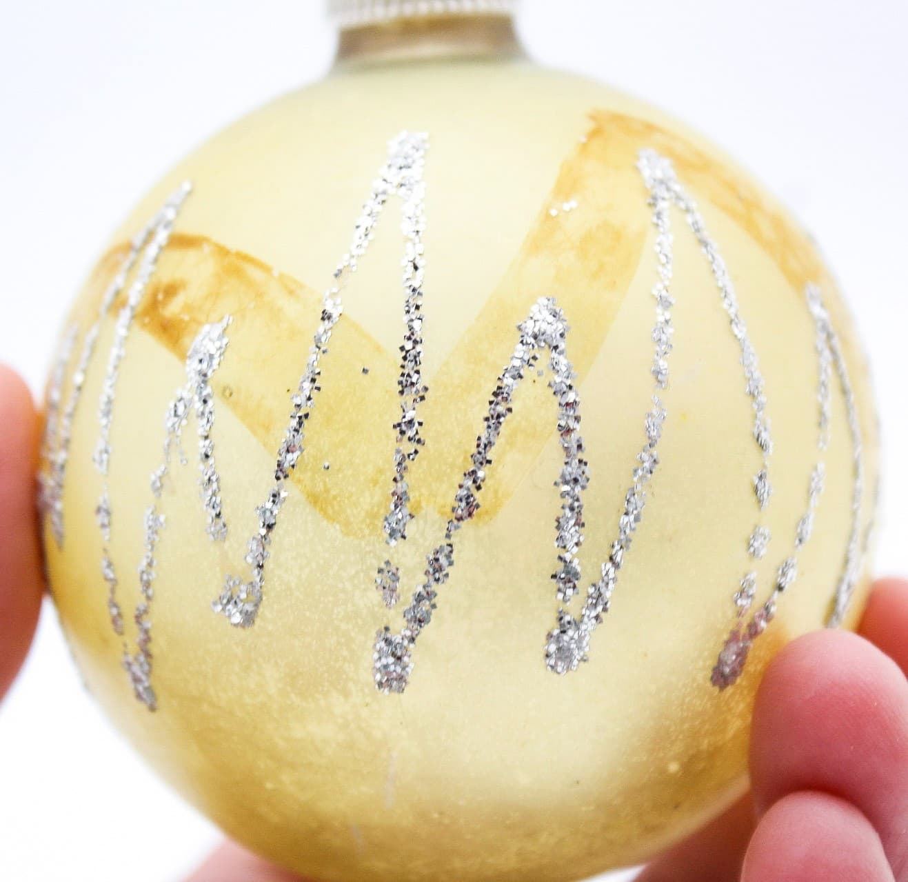 Vintage West Germany Yellow Hand Blown Silver Glitter Glass Christmas Ornament - Thumbnail 4