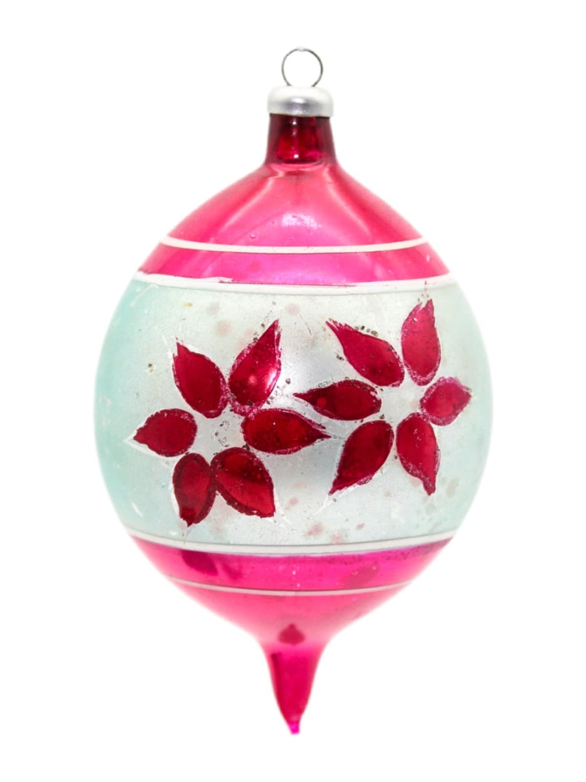 Vintage Poland Hand Painted Poinsettia Pink Mercury Glass Teardrop Ornament - Image 1