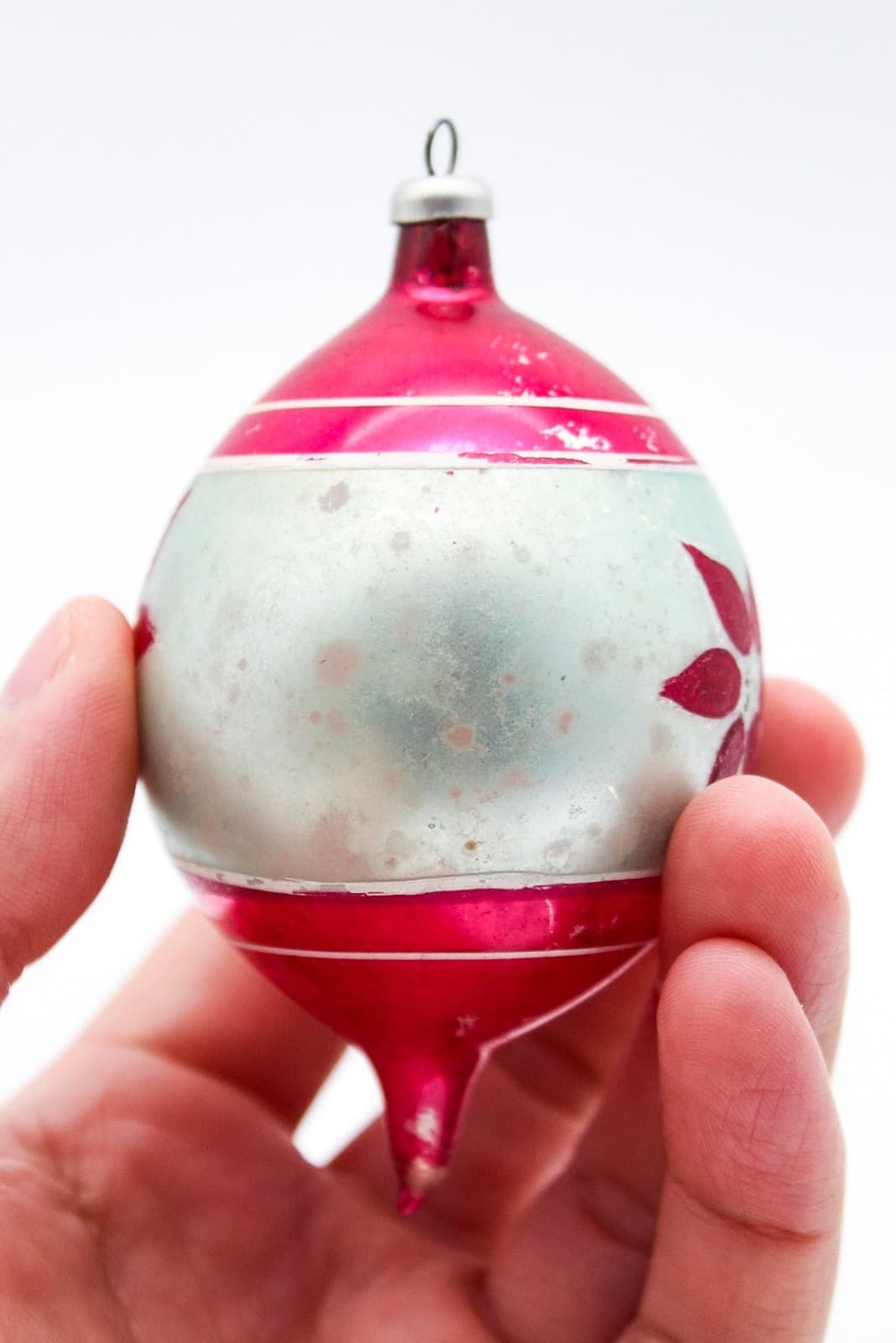 Vintage Poland Hand Painted Poinsettia Pink Mercury Glass Teardrop Ornament - Thumbnail 3