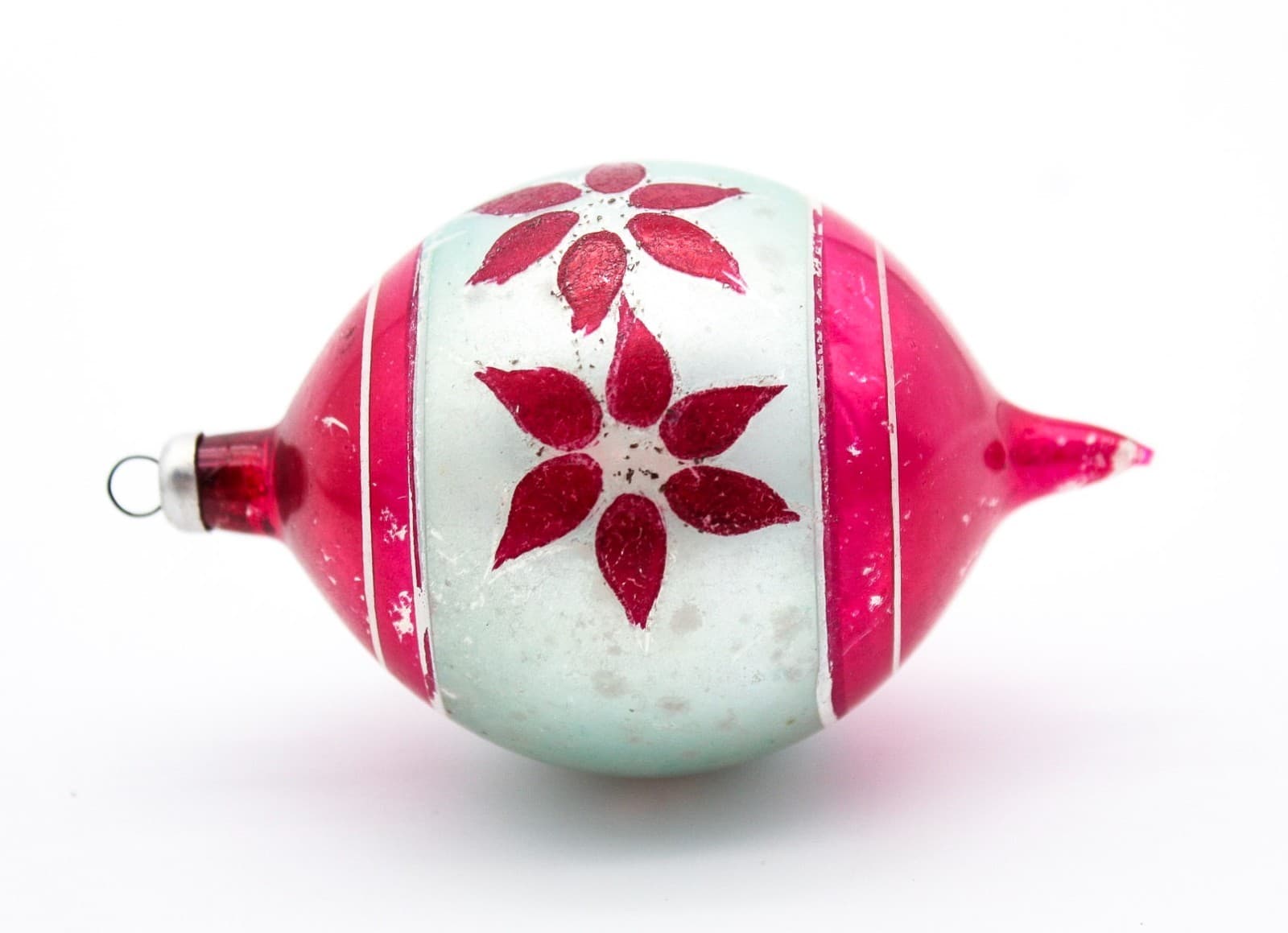 Vintage Poland Hand Painted Poinsettia Pink Mercury Glass Teardrop Ornament - Thumbnail 7