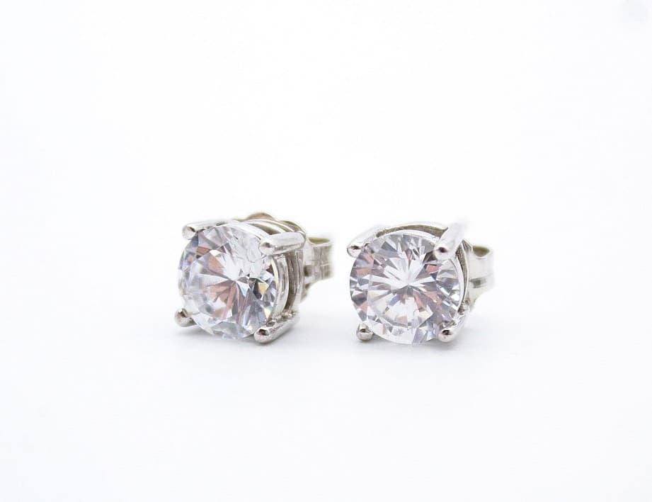 Vtg Brilliant Cut Cubic Zirconia Sterling Silver 4-Prong Solitaire Stud Earrings - Thumbnail 8