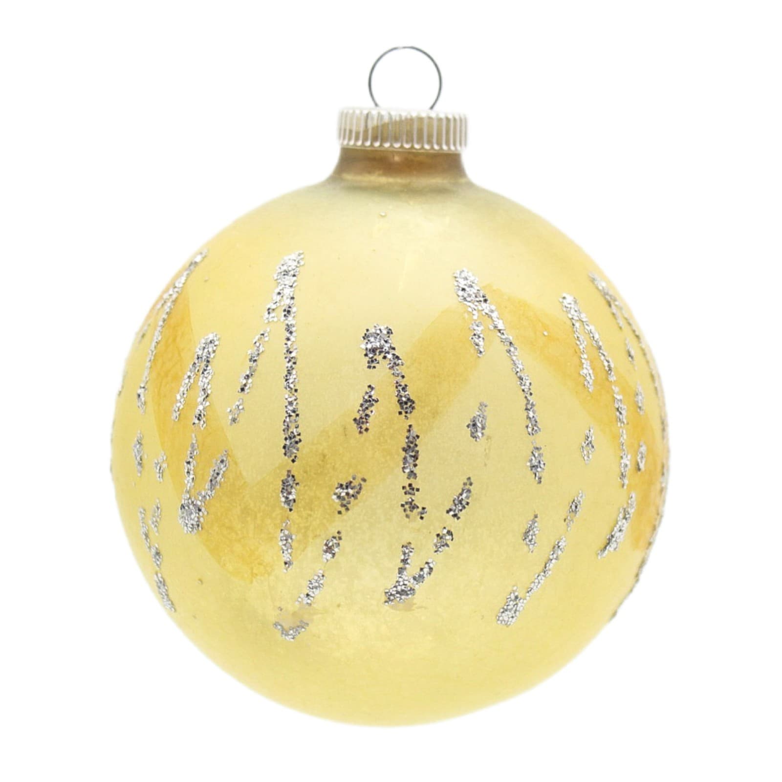 Vintage West Germany Yellow Hand Blown Silver Glitter Glass Christmas Ornament - Image 1