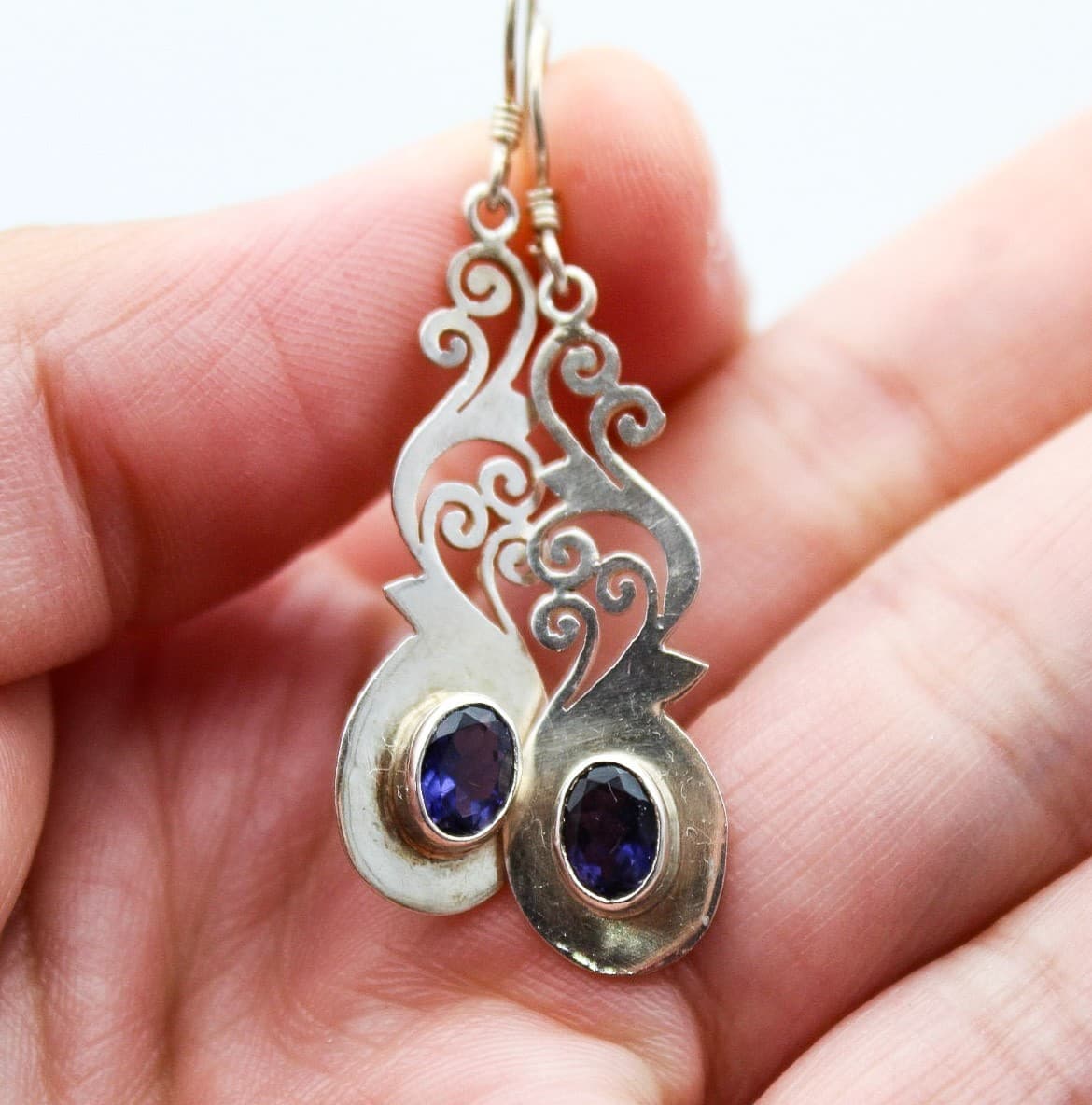 Vintage Boho 925 Sterling Silver Iolite Oval Gemstone Filigree Drop Earrings - Thumbnail 4