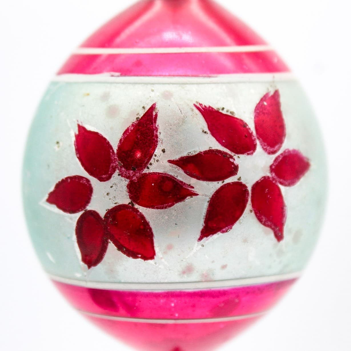 Vintage Poland Hand Painted Poinsettia Pink Mercury Glass Teardrop Ornament - Thumbnail 2