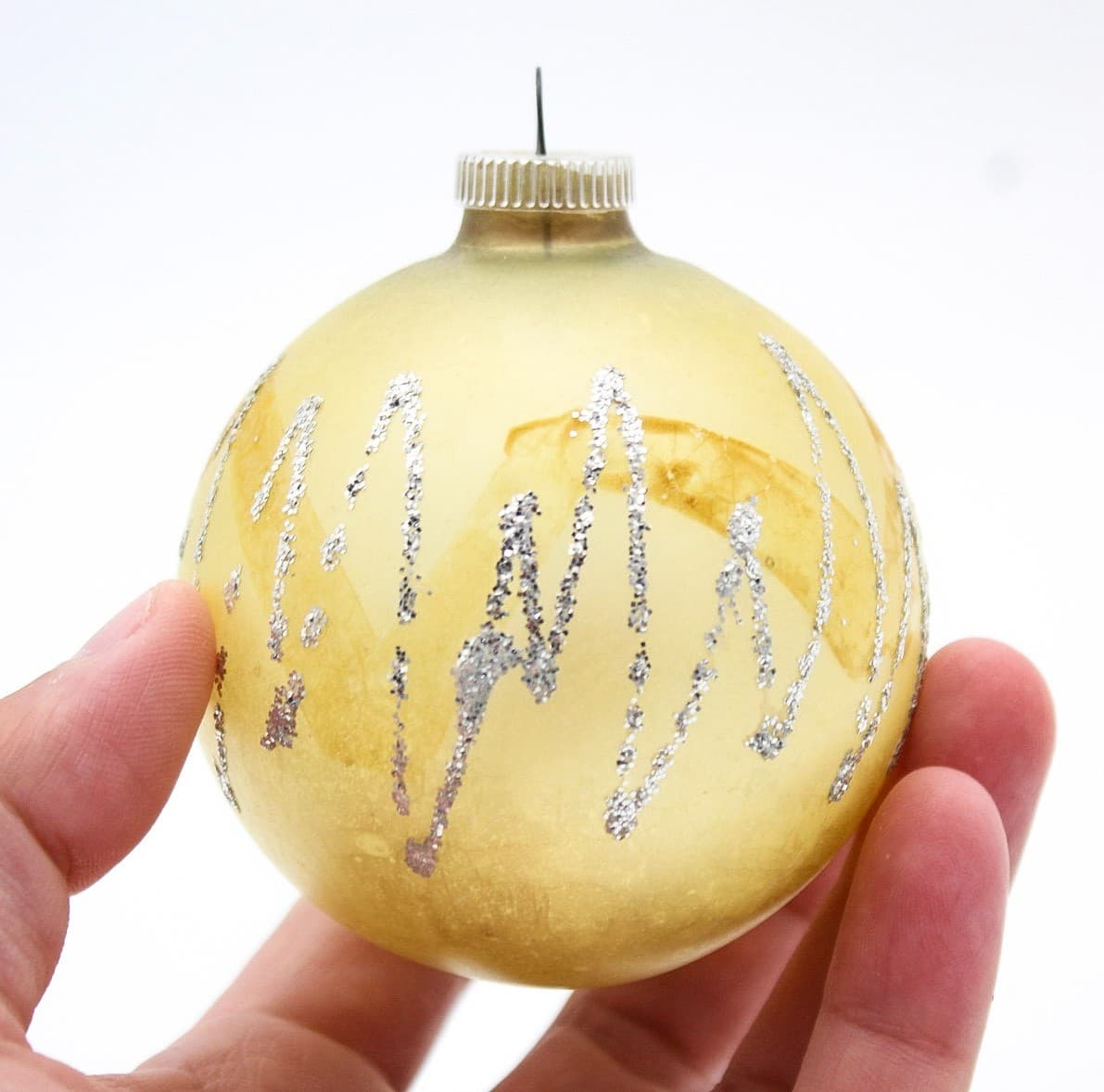 Vintage West Germany Yellow Hand Blown Silver Glitter Glass Christmas Ornament - Thumbnail 3