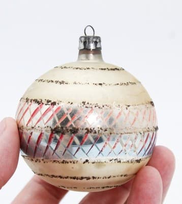 Vintage Poland Hand Painted Striped Mica Round Glass Christmas Ornament - Thumbnail 3