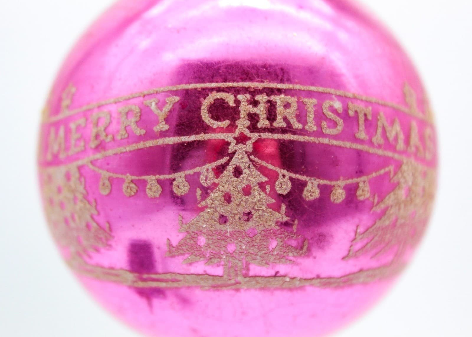 Vintage Shiny Brite Pink Mercury Glass Merry Christmas Stencil Ball Ornament - Thumbnail 2