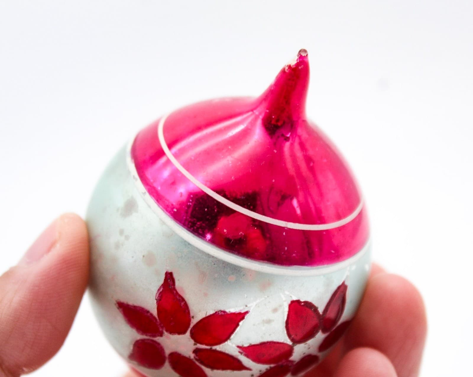 Vintage Poland Hand Painted Poinsettia Pink Mercury Glass Teardrop Ornament - Thumbnail 6