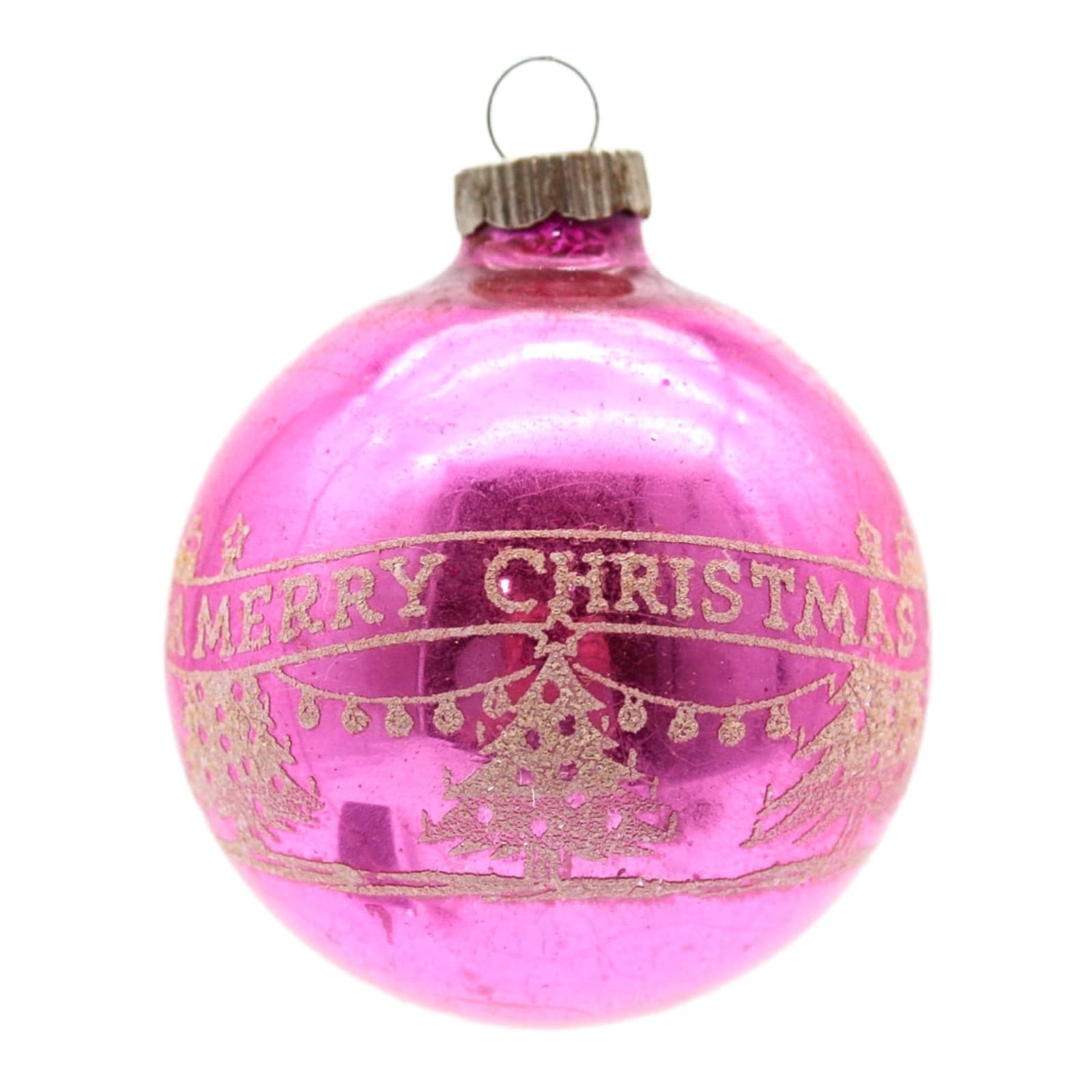 Vintage Shiny Brite Pink Mercury Glass Merry Christmas Stencil Ball Ornament - Image 1