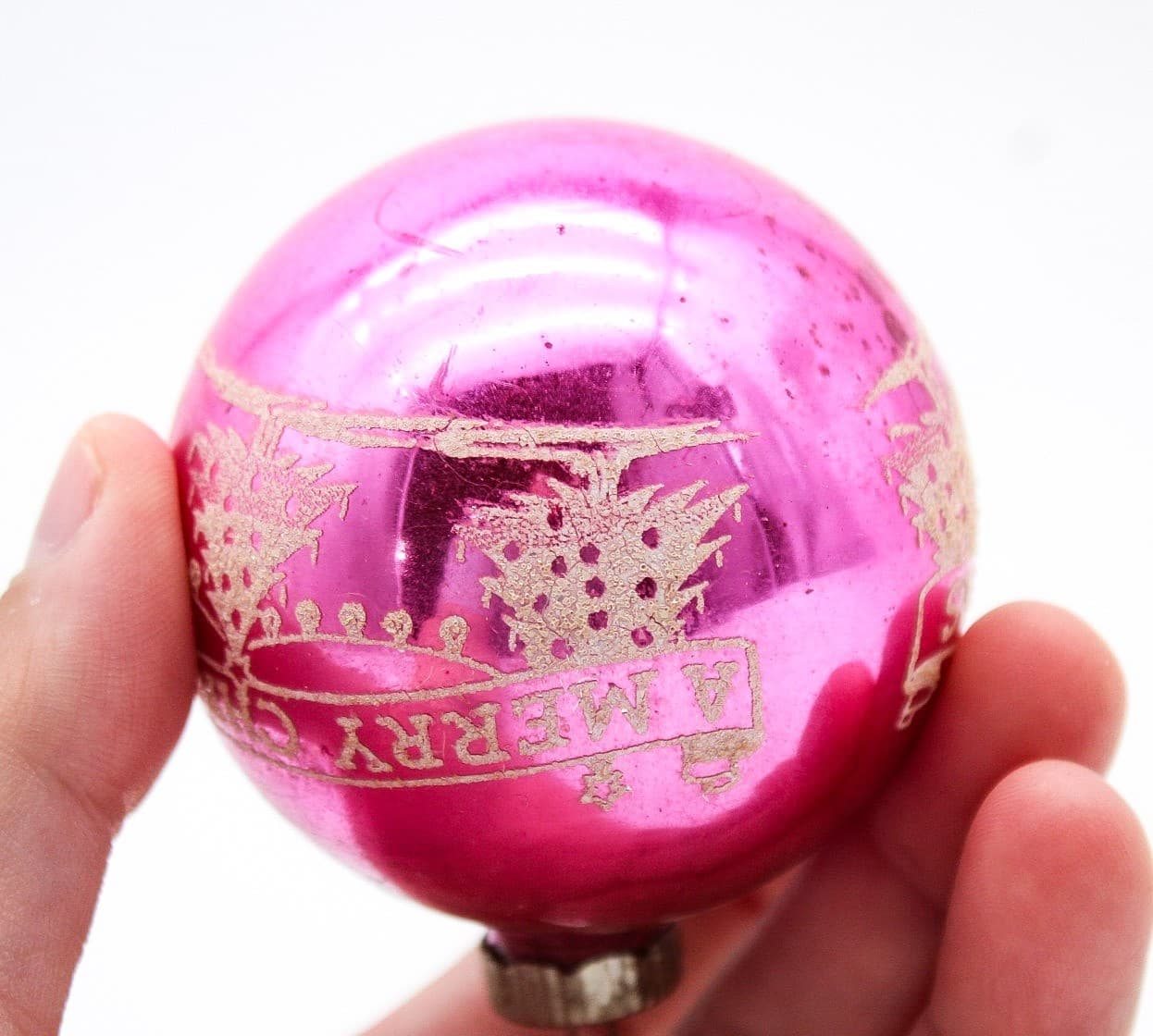 Vintage Shiny Brite Pink Mercury Glass Merry Christmas Stencil Ball Ornament - Thumbnail 5