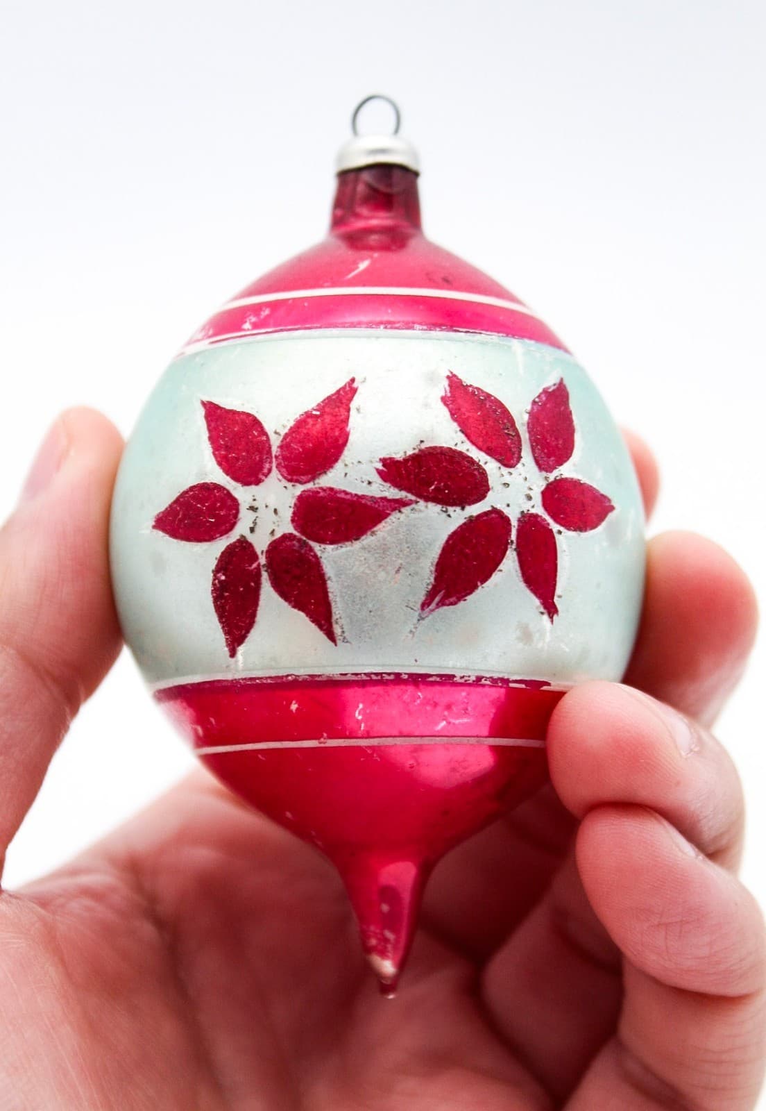 Vintage Poland Hand Painted Poinsettia Pink Mercury Glass Teardrop Ornament - Thumbnail 4