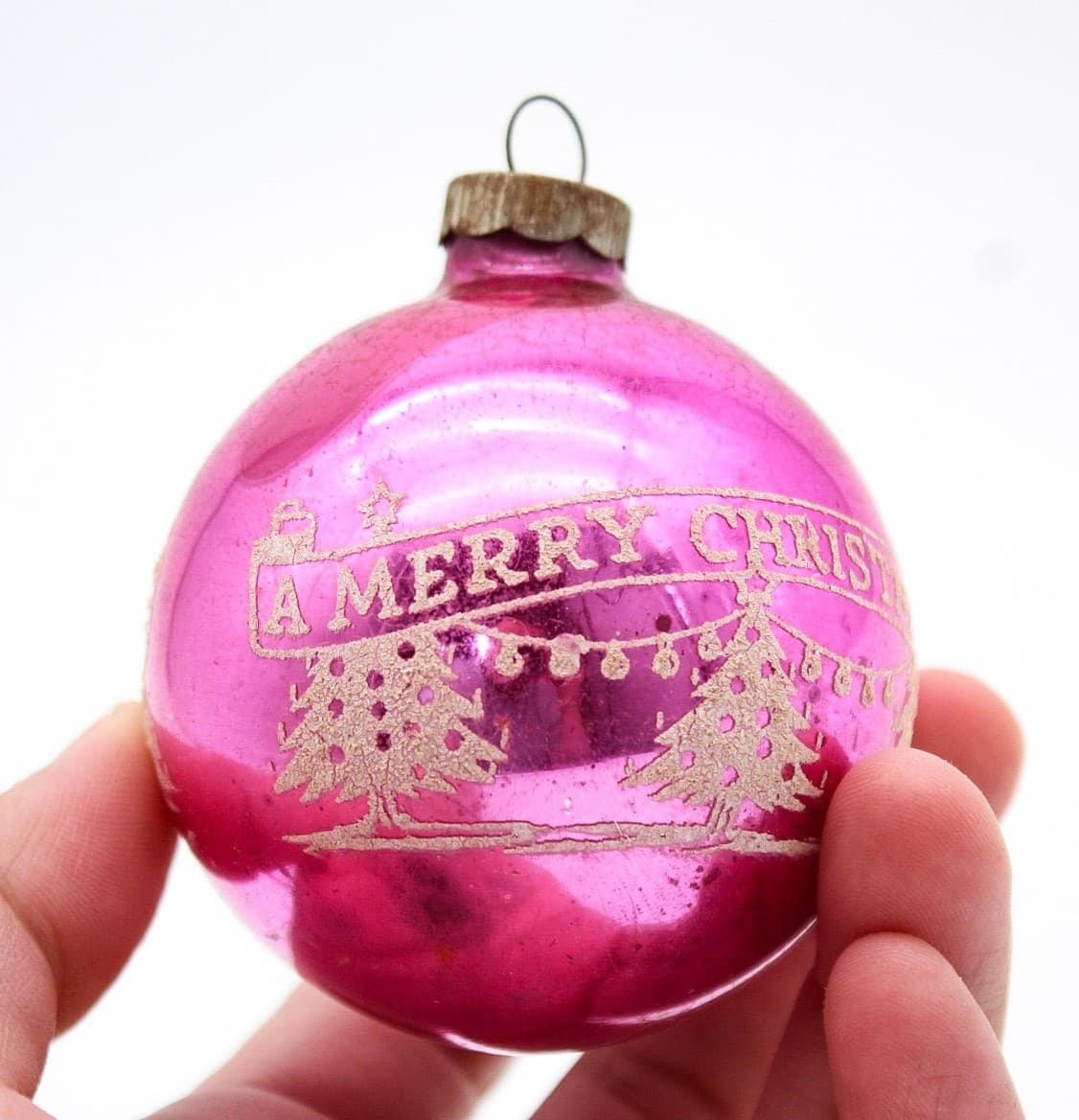 Vintage Shiny Brite Pink Mercury Glass Merry Christmas Stencil Ball Ornament - Thumbnail 3