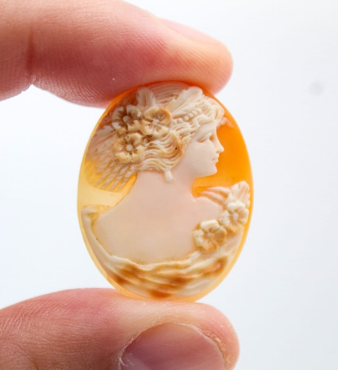 Italy Fine Art Nouveau Hand Carved Shell Woman Floral Cameo Unmounted Portrait - Thumbnail 7