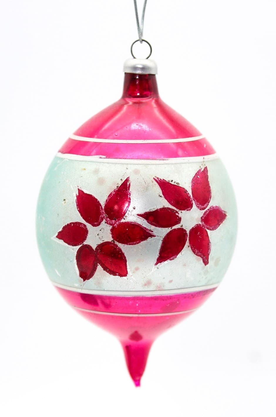 Vintage Poland Hand Painted Poinsettia Pink Mercury Glass Teardrop Ornament - Thumbnail 8