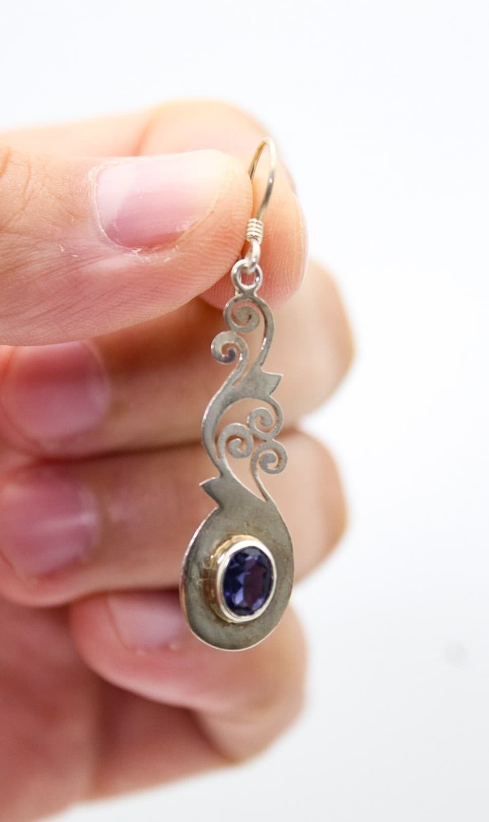 Vintage Boho 925 Sterling Silver Iolite Oval Gemstone Filigree Drop Earrings - Thumbnail 5