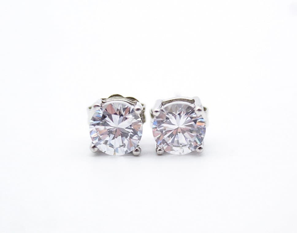 Vtg Brilliant Cut Cubic Zirconia Sterling Silver 4-Prong Solitaire Stud Earrings - Thumbnail 2