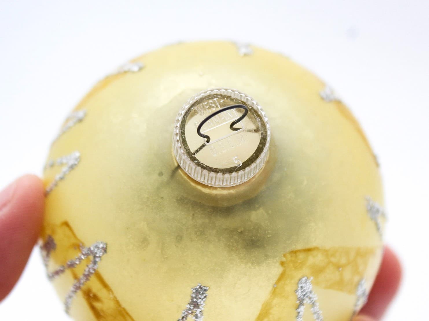 Vintage West Germany Yellow Hand Blown Silver Glitter Glass Christmas Ornament - Thumbnail 5