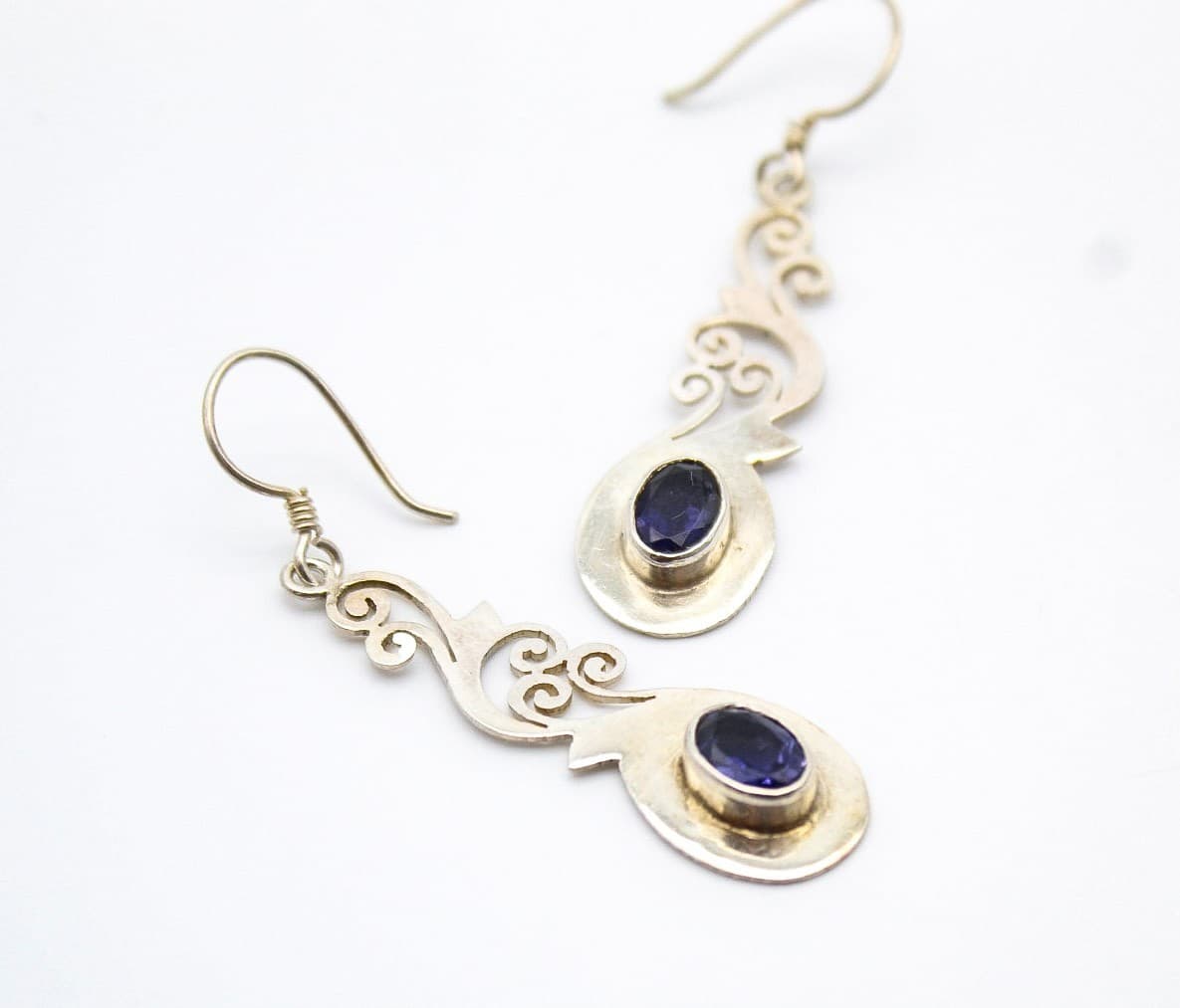Vintage Boho 925 Sterling Silver Iolite Oval Gemstone Filigree Drop Earrings - Thumbnail 2