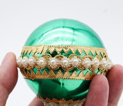 Vintage U.S.A. Green Glass Faux Pearl Beaded Ball Christmas Ornament - Thumbnail 4