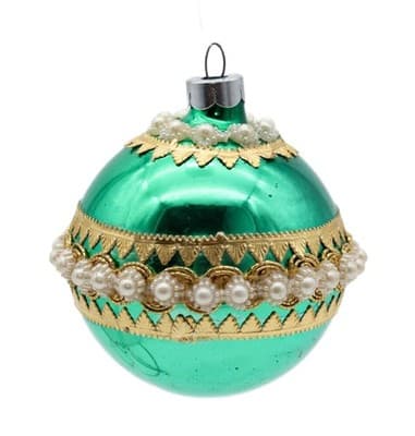 Vintage U.S.A. Green Glass Faux Pearl Beaded Ball Christmas Ornament - Image 1
