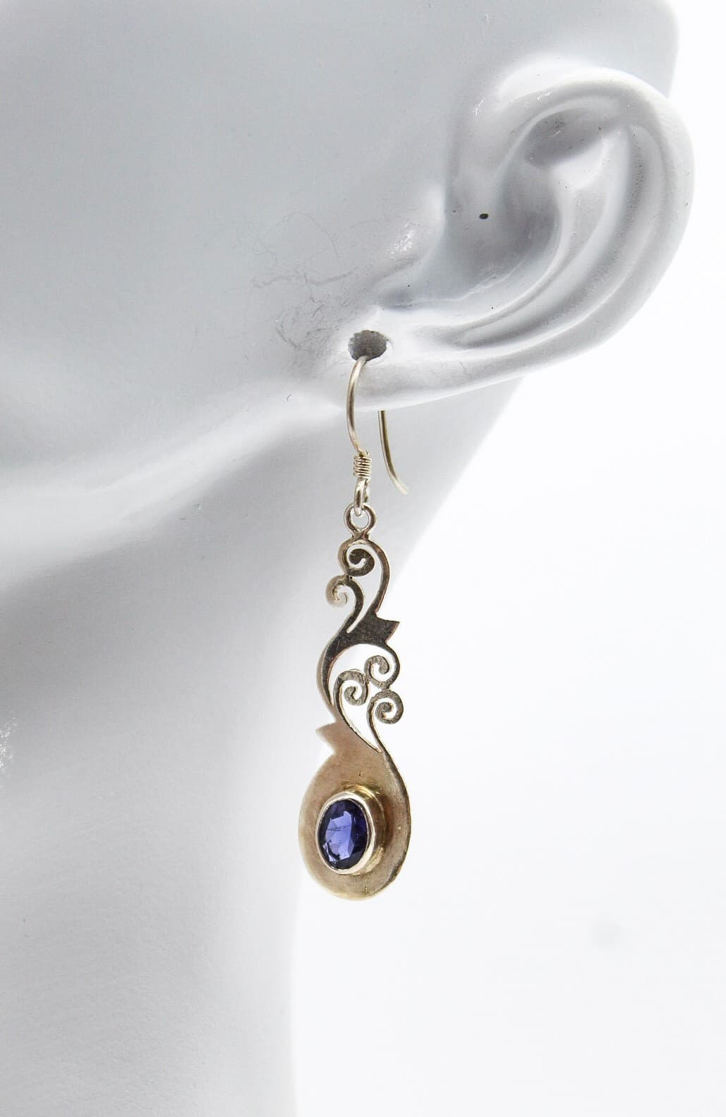 Vintage Boho 925 Sterling Silver Iolite Oval Gemstone Filigree Drop Earrings - Thumbnail 3