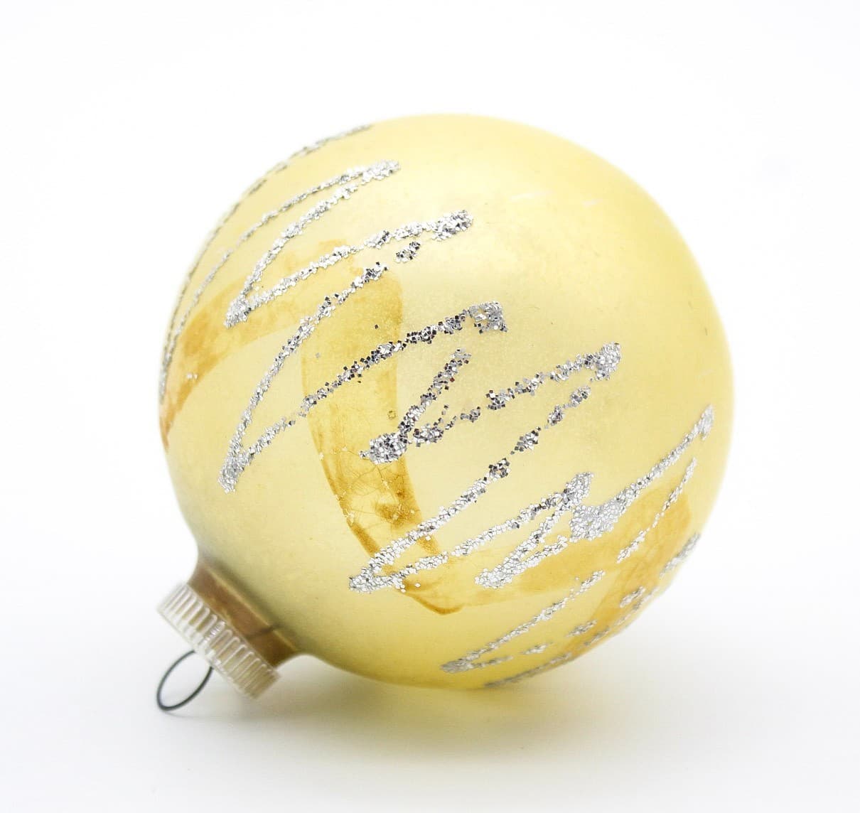 Vintage West Germany Yellow Hand Blown Silver Glitter Glass Christmas Ornament - Thumbnail 7