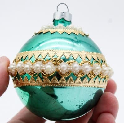 Vintage U.S.A. Green Glass Faux Pearl Beaded Ball Christmas Ornament - Thumbnail 2