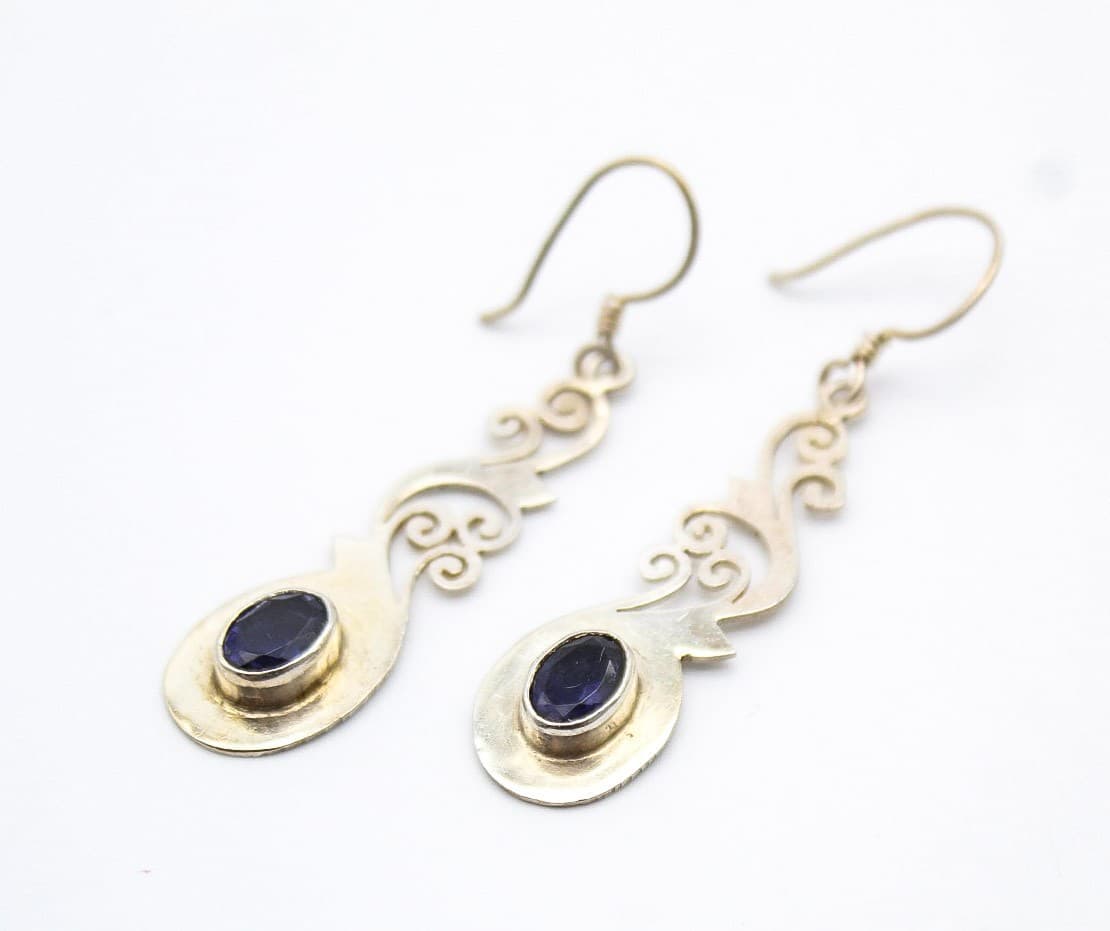 Vintage Boho 925 Sterling Silver Iolite Oval Gemstone Filigree Drop Earrings - Thumbnail 8