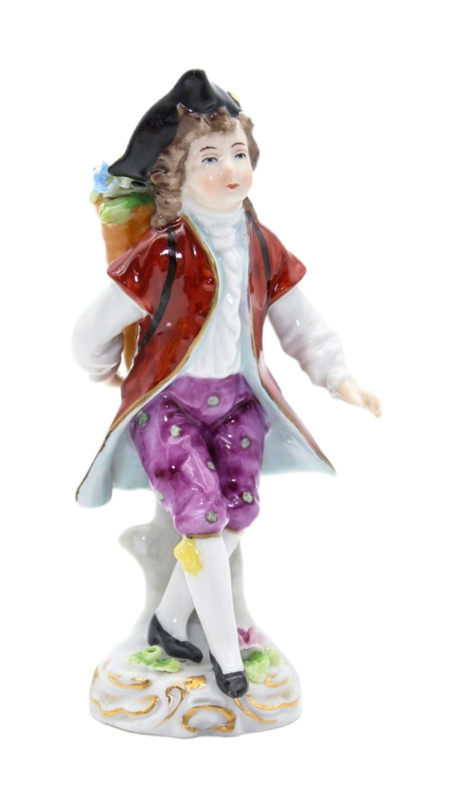 Antique Sitzendorf Germany Hand Painted Boy With Flowers Porcelain Figurine 4.5" - Image 1