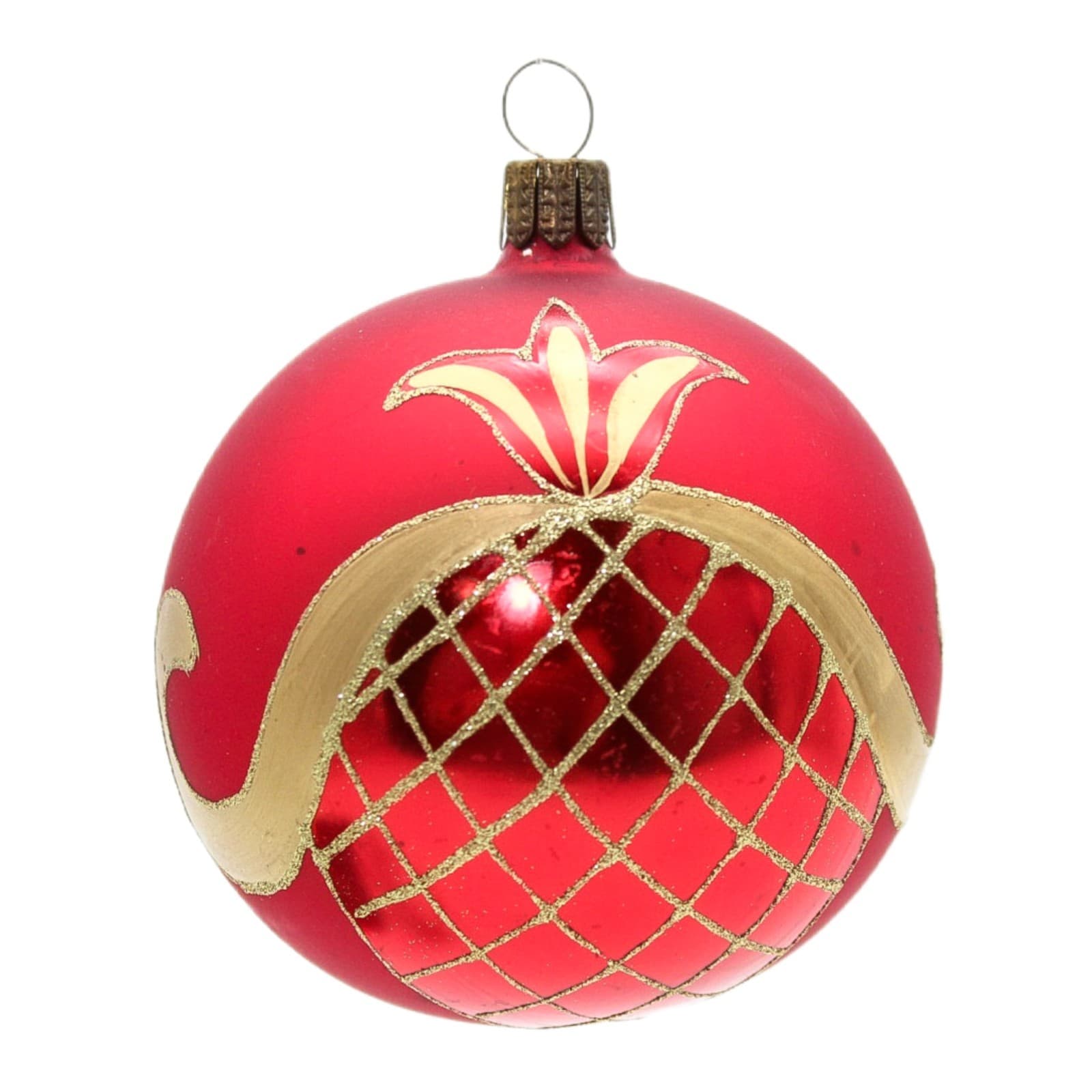 Vintage Germany Red & Gold Hand Painted Glitter Lattice Glass Christmas Ornament - Image 1