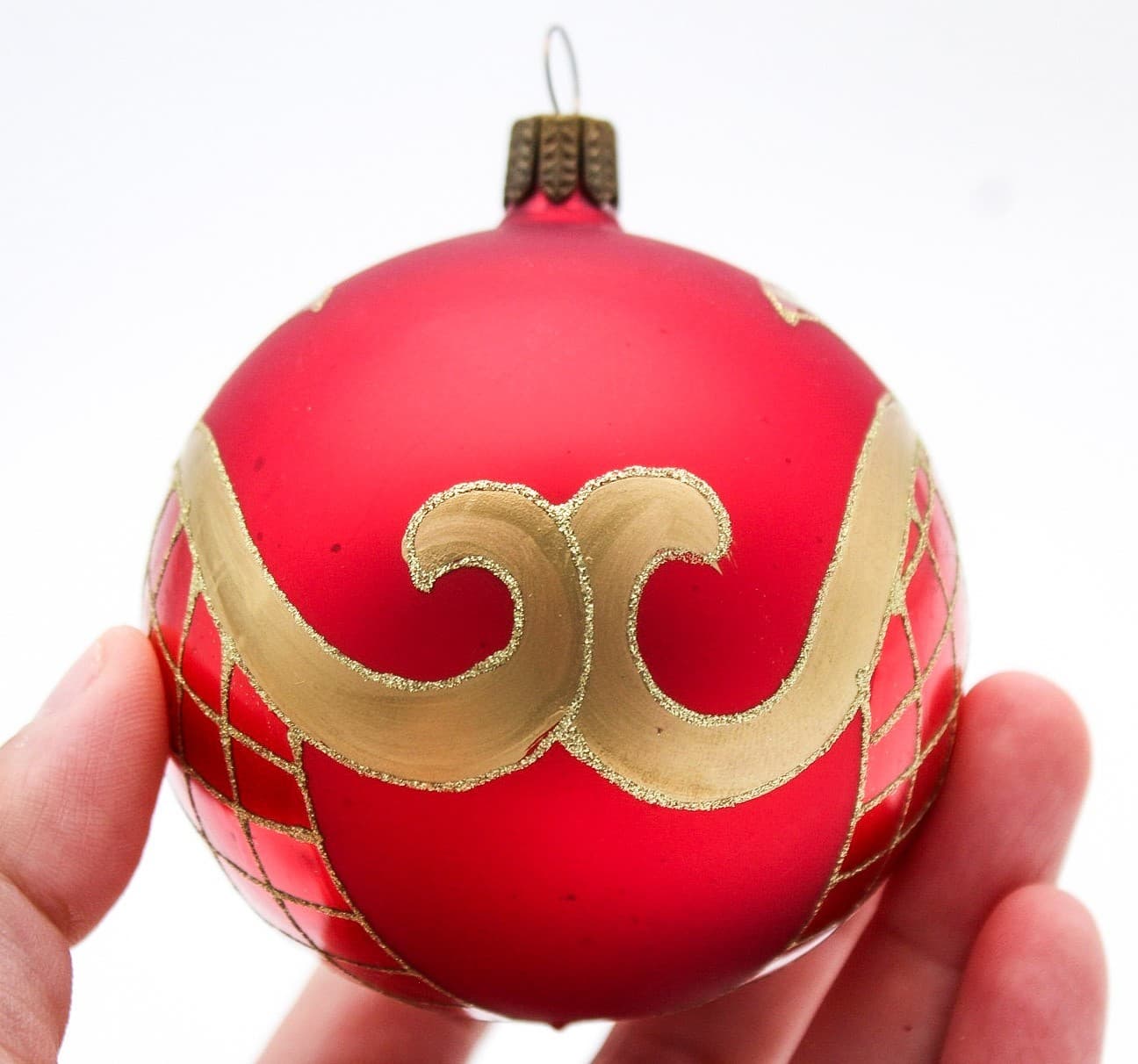Vintage Germany Red & Gold Hand Painted Glitter Lattice Glass Christmas Ornament - Thumbnail 3