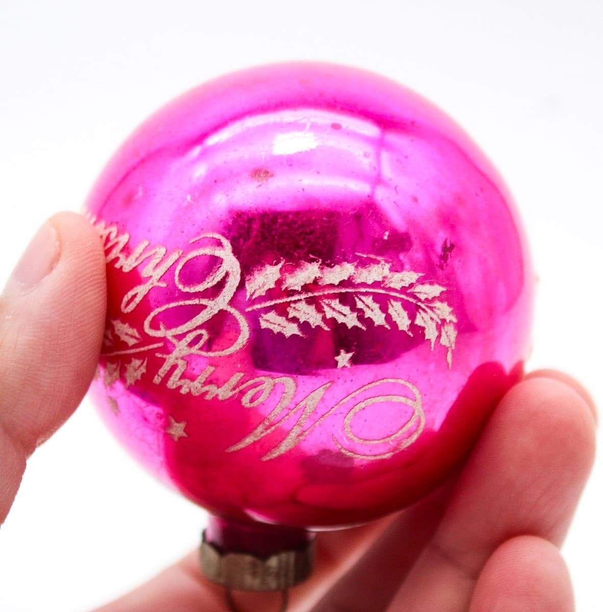 Vintage Shiny Brite Pink Merry Christmas Stencil Mercury Glass Ornament - Thumbnail 5